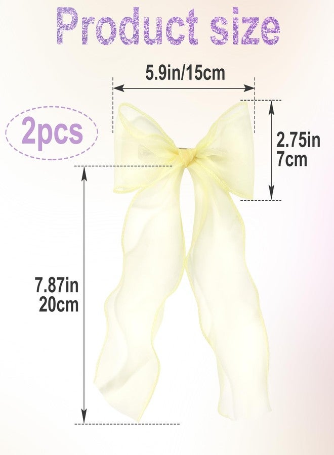 STSTR 2Pcs Large Hair Bow Clips, Yellow Silk Yarn Ribbon Bow Hair Barrette for Women, Elegant Long Tail Bowknot French Hair Accessories for Wedding, Parties, Festivals - Style 4 - Image 2
